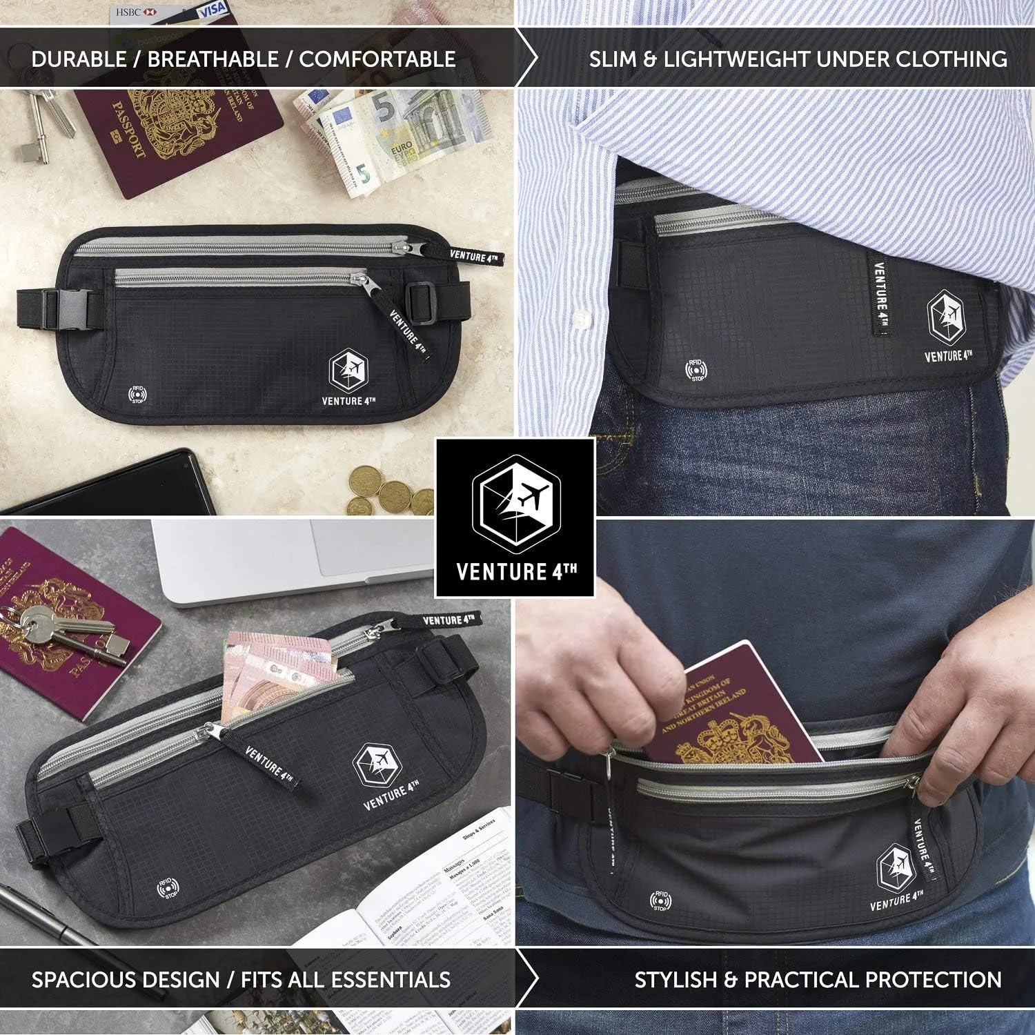 Slim Minimalist Design Money Belt, RFID Blocking for Men & Women - Ideal for Keeping Your Cash, Credit Card, Passport, Phone Safe When Traveling (Black)
