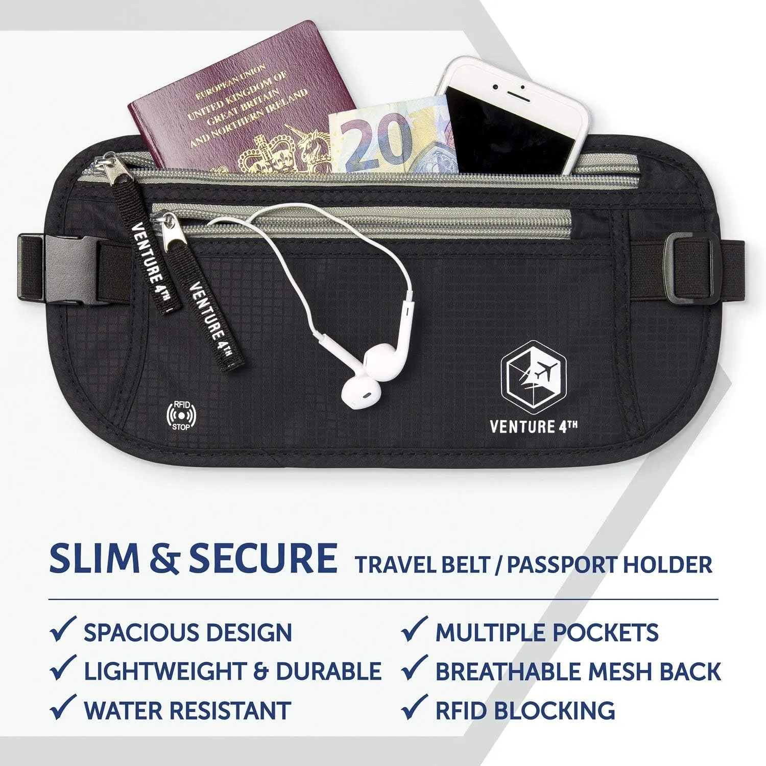Slim Minimalist Design Money Belt, RFID Blocking for Men & Women - Ideal for Keeping Your Cash, Credit Card, Passport, Phone Safe When Traveling (Black)