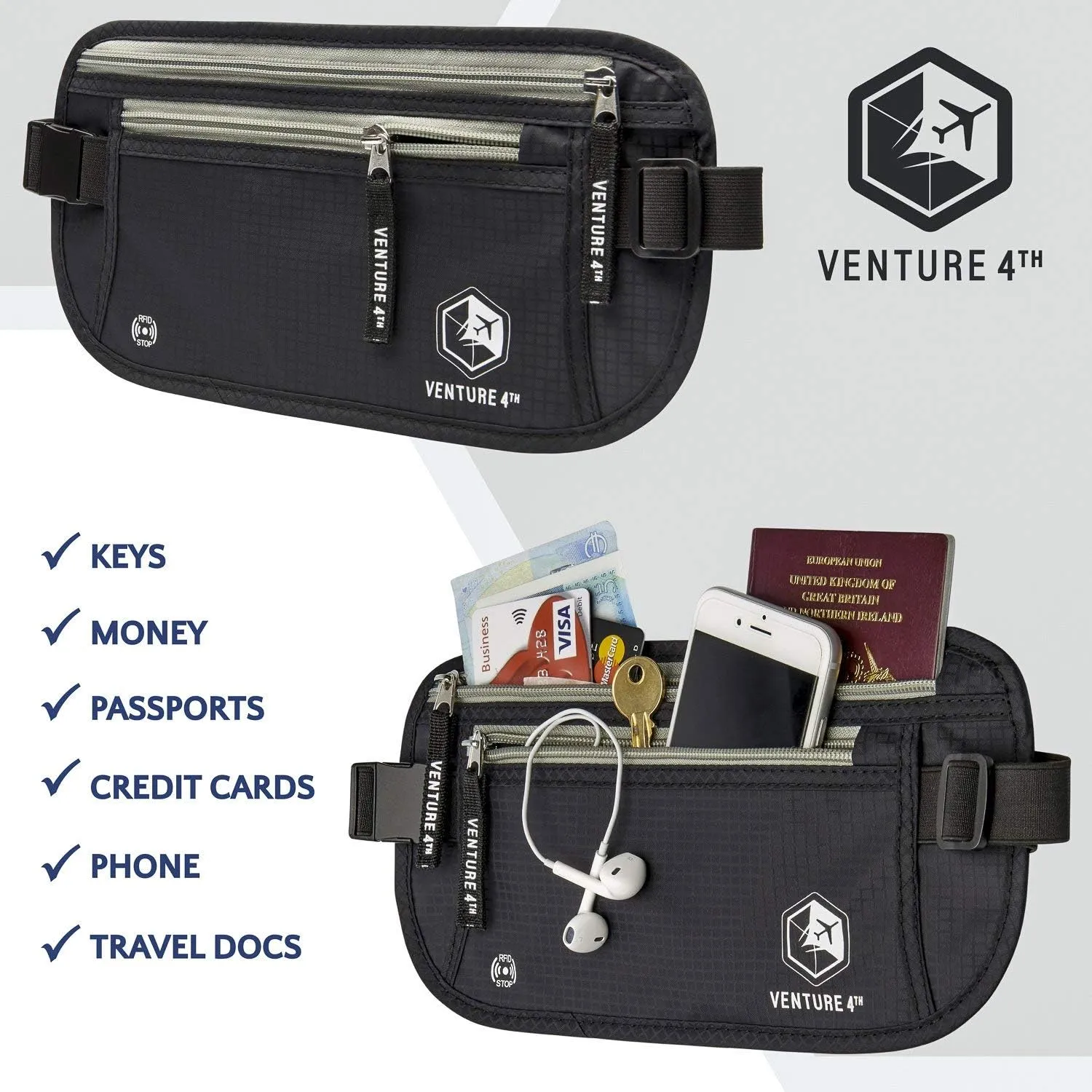 Slim Minimalist Design Money Belt, RFID Blocking for Men & Women - Ideal for Keeping Your Cash, Credit Card, Passport, Phone Safe When Traveling (Black)