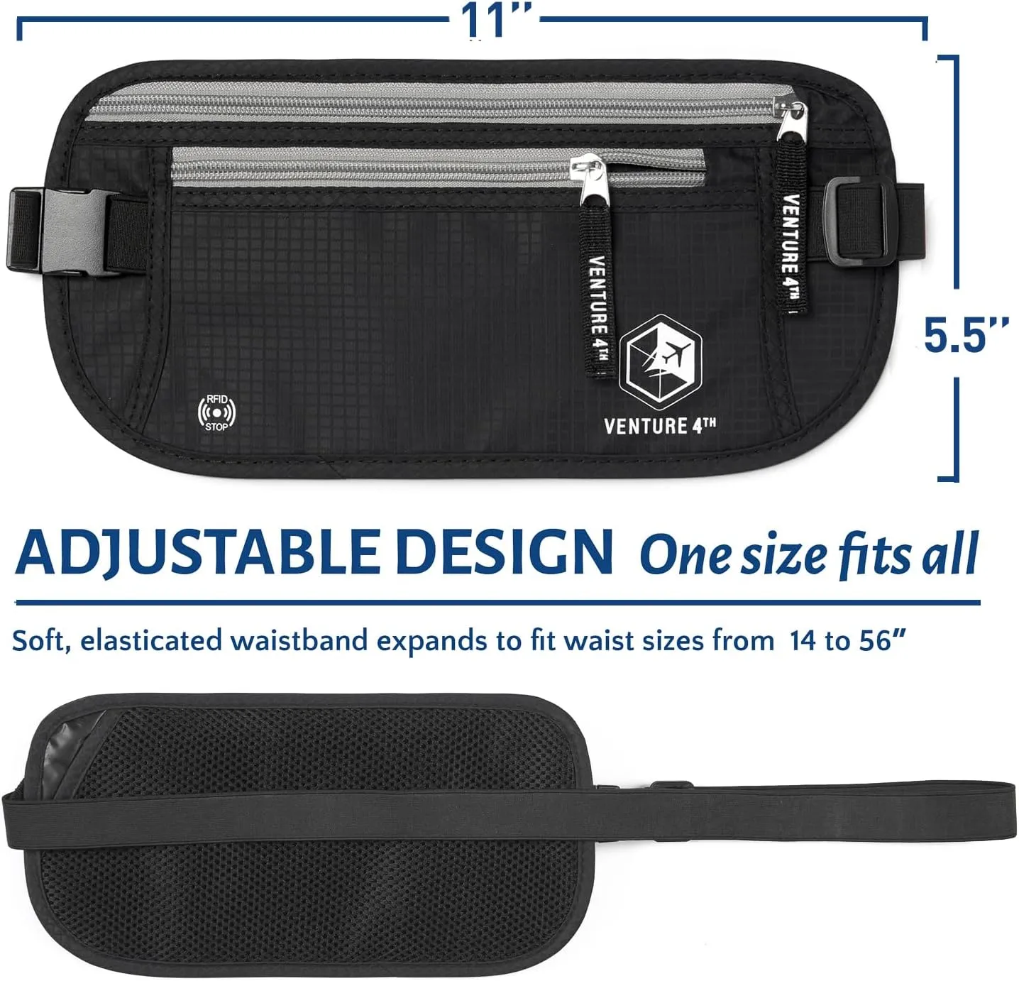 Slim Minimalist Design Money Belt, RFID Blocking for Men & Women - Ideal for Keeping Your Cash, Credit Card, Passport, Phone Safe When Traveling (Black)