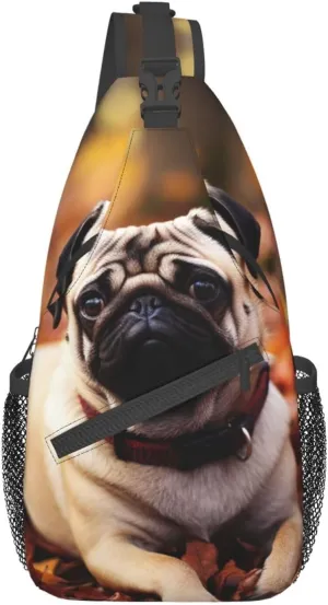 Sling Backpack Bag Fall Foliage Pug Dog Print Crossbody Chest Bag Adjustable Shoulder Bag Travel Hiking Daypack Unisex