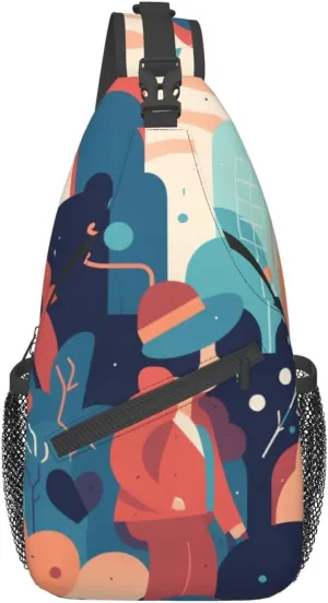 Sling Backpack Bag Flat Style Illustration Print Crossbody Chest Bag Adjustable Shoulder Bag Travel Hiking Daypack Unisex