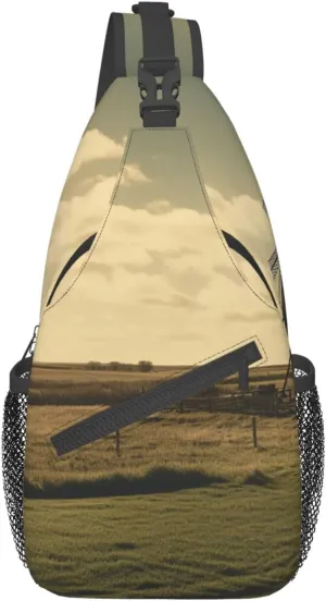 Sling Backpack Bag Vintage Black Windmill On The Prairie Print Crossbody Chest Bag Adjustable Shoulder Bag Travel Hiking Daypack Unisex