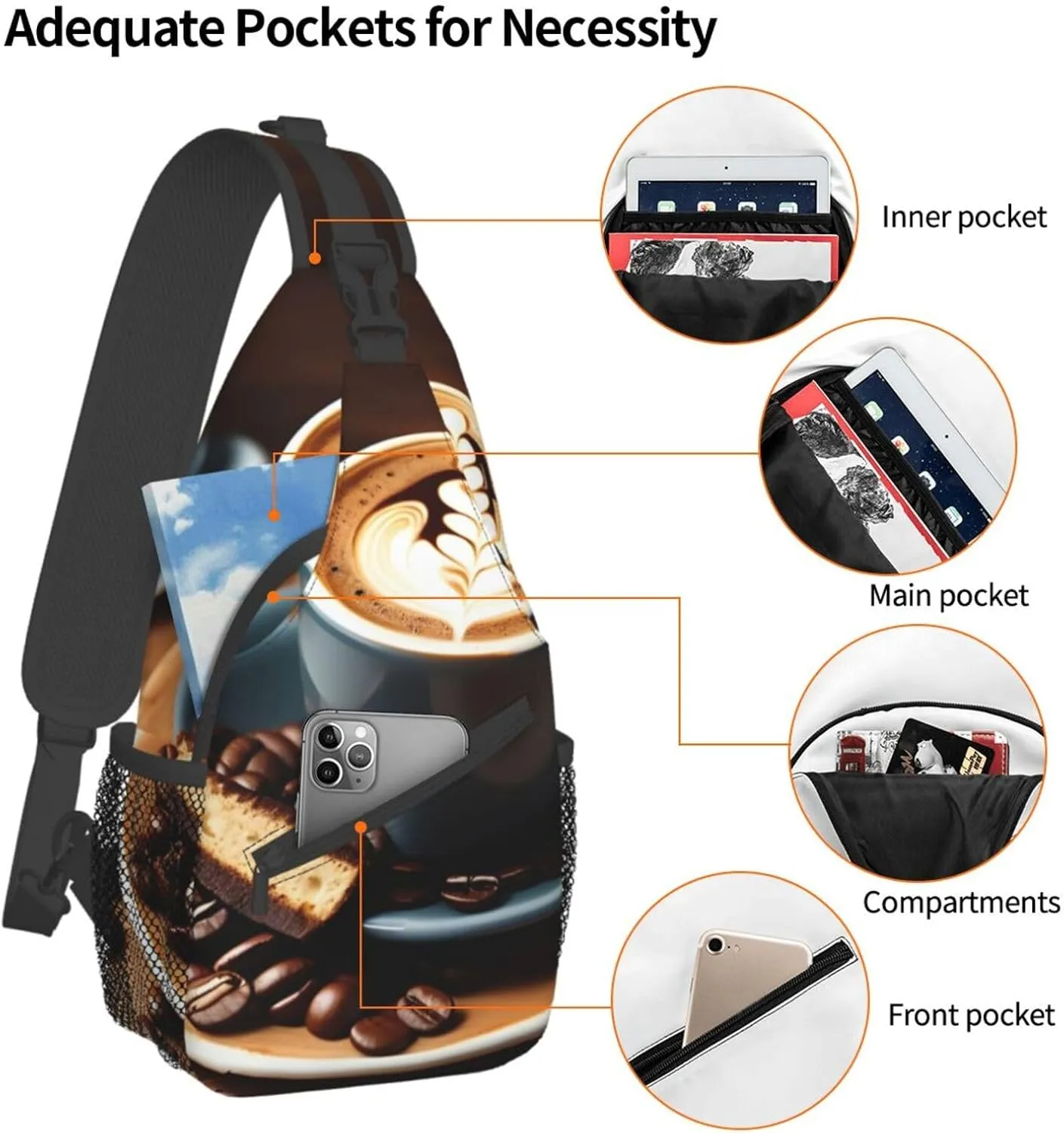 Sling Backpack,Men Cross Chest Bag Diagonally,Durable Adjustable Outdoor Cycling Travel Bag,Delicious Coffee Print