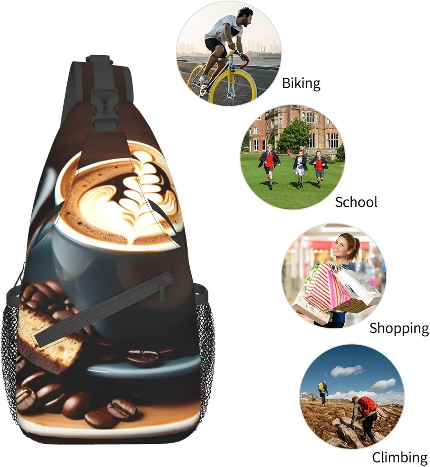 Sling Backpack,Men Cross Chest Bag Diagonally,Durable Adjustable Outdoor Cycling Travel Bag,Delicious Coffee Print