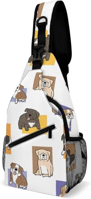 Sling Bag Cute Bulldog Breed Crossbody Backpack with Anti Theft Cartoon Adjustable Shoulder Bag for Travel,Hiking,Cycling,Camping
