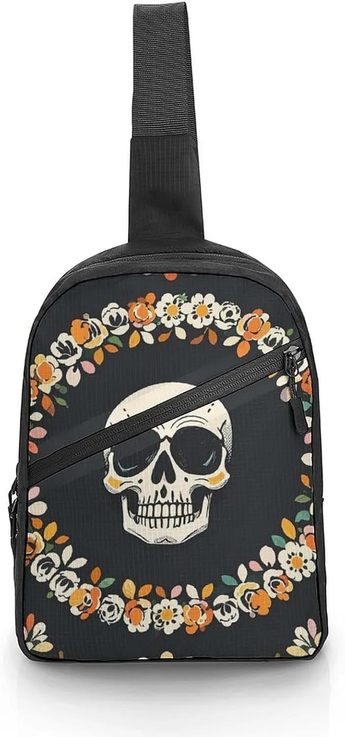 Sling Bag for Men Women A Wreath Surrounds The Skeleton Sling Backpack Chest Bag Casual Daypack Crossbody Bag for Travel