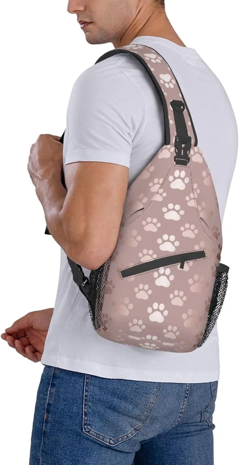 Sling Bag for Men Women Rose Gold Dog Paw Animal Print Crossbody Backpack Casual Hiking Daypack for Travel Sport Running Chest Bag