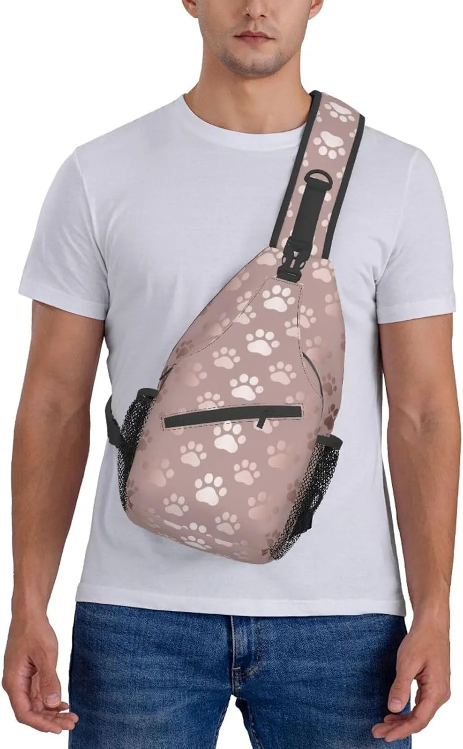 Sling Bag for Men Women Rose Gold Dog Paw Animal Print Crossbody Backpack Casual Hiking Daypack for Travel Sport Running Chest Bag