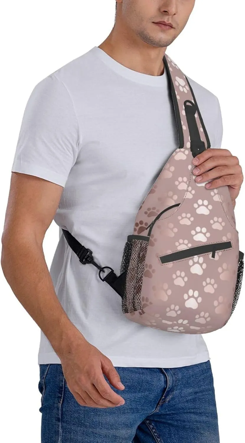 Sling Bag for Men Women Rose Gold Dog Paw Animal Print Crossbody Backpack Casual Hiking Daypack for Travel Sport Running Chest Bag