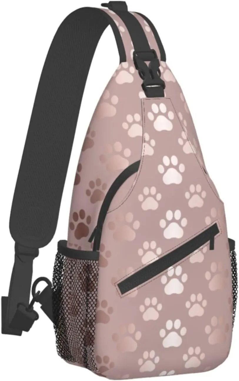 Sling Bag for Men Women Rose Gold Dog Paw Animal Print Crossbody Backpack Casual Hiking Daypack for Travel Sport Running Chest Bag
