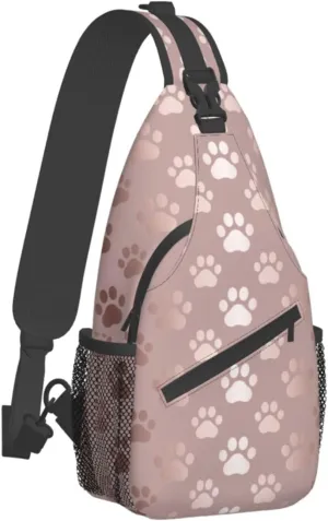Sling Bag for Men Women Rose Gold Dog Paw Animal Print Crossbody Backpack Casual Hiking Daypack for Travel Sport Running Chest Bag