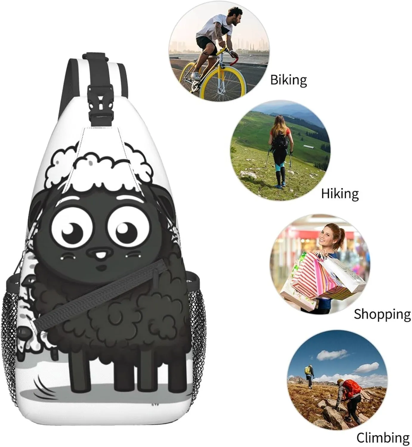 Sling Bag for Women Men Crossbody Bag Small Sling Backpack Cartoon Black White Sheep Chest Bag Hiking Daypack
