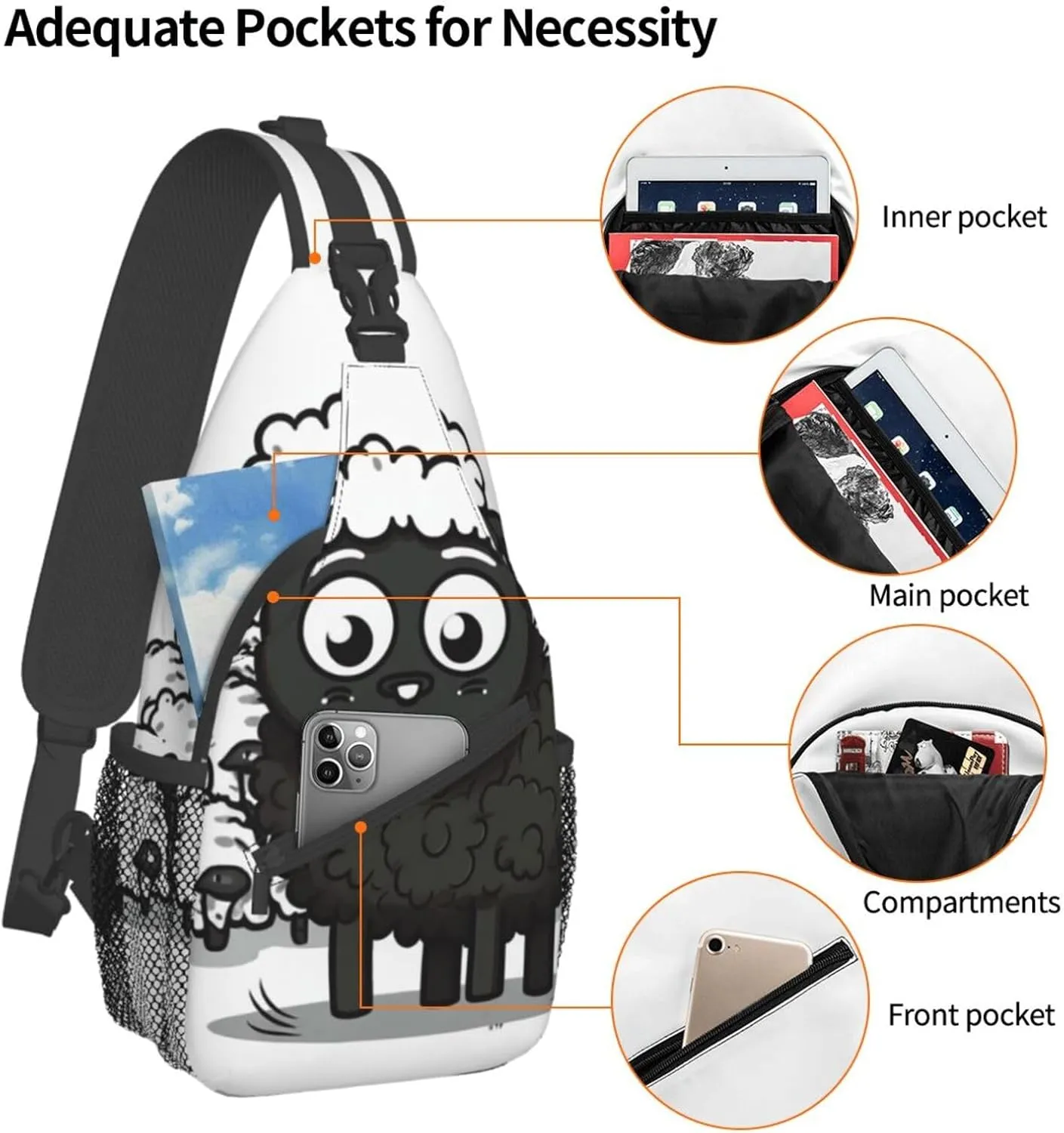 Sling Bag for Women Men Crossbody Bag Small Sling Backpack Cartoon Black White Sheep Chest Bag Hiking Daypack