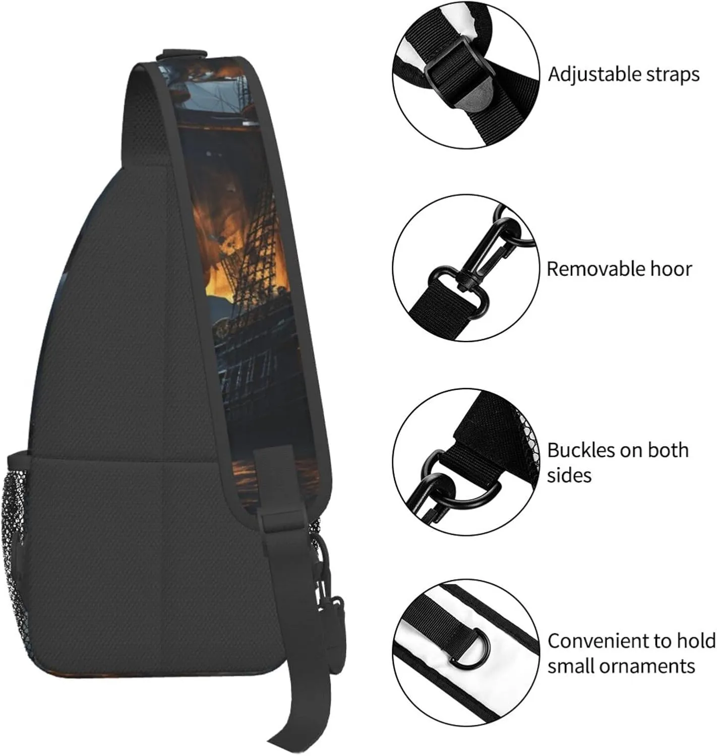 Sling Bag for Women Men Crossbody Bag Small Sling Backpack Pirate sailboat full moon Chest Bag Hiking Daypack