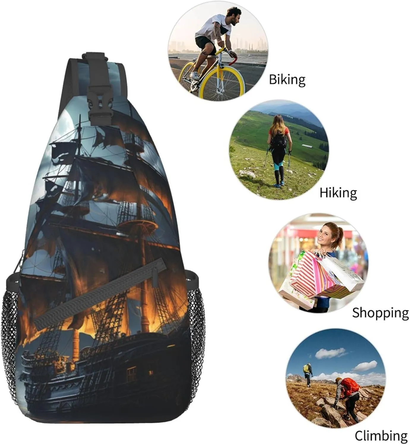 Sling Bag for Women Men Crossbody Bag Small Sling Backpack Pirate sailboat full moon Chest Bag Hiking Daypack