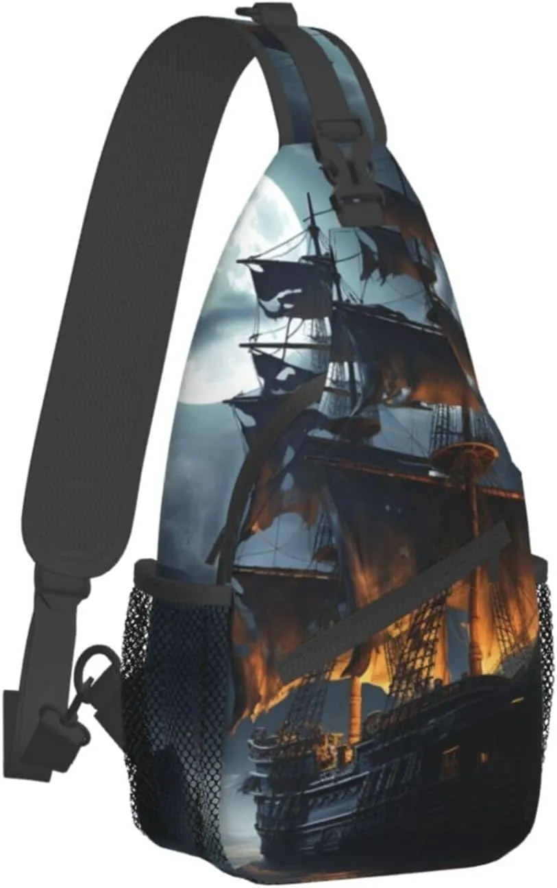 Sling Bag for Women Men Crossbody Bag Small Sling Backpack Pirate sailboat full moon Chest Bag Hiking Daypack