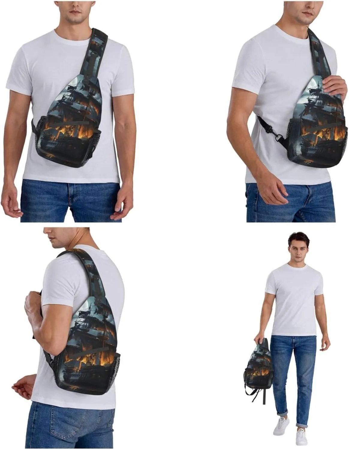 Sling Bag for Women Men Crossbody Bag Small Sling Backpack Pirate sailboat full moon Chest Bag Hiking Daypack