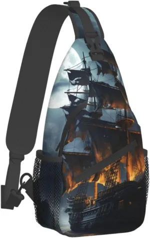 Sling Bag for Women Men Crossbody Bag Small Sling Backpack Pirate sailboat full moon Chest Bag Hiking Daypack