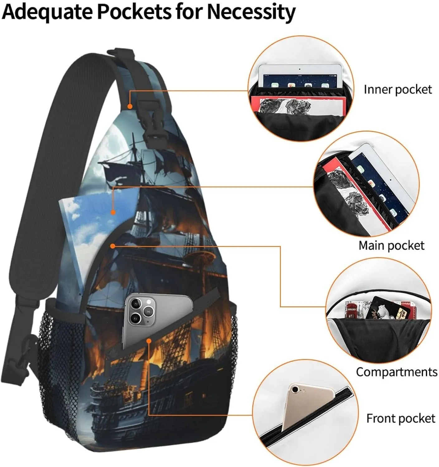Sling Bag for Women Men Crossbody Bag Small Sling Backpack Pirate sailboat full moon Chest Bag Hiking Daypack