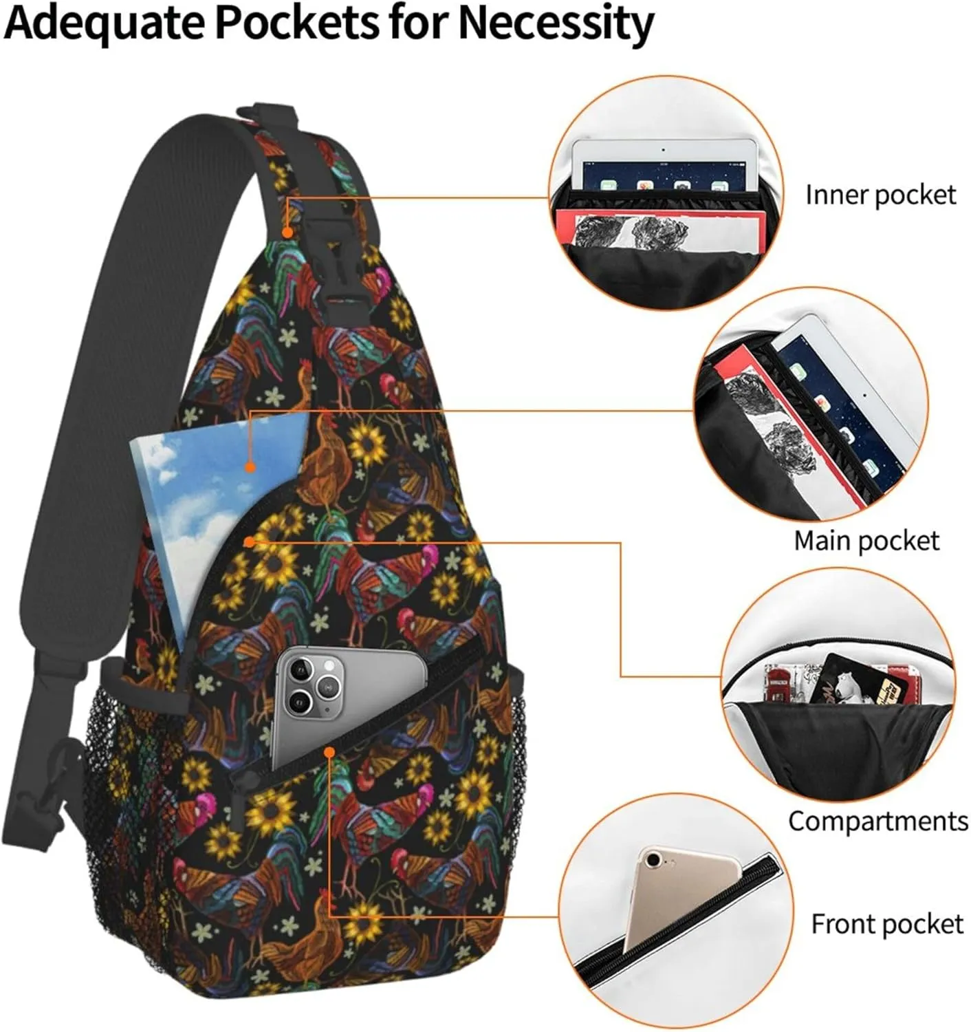 Sling Bag For Women Men Rooster Crossbody Backpack Sling Backpack For Travel Hiking Daypack Chest Bag