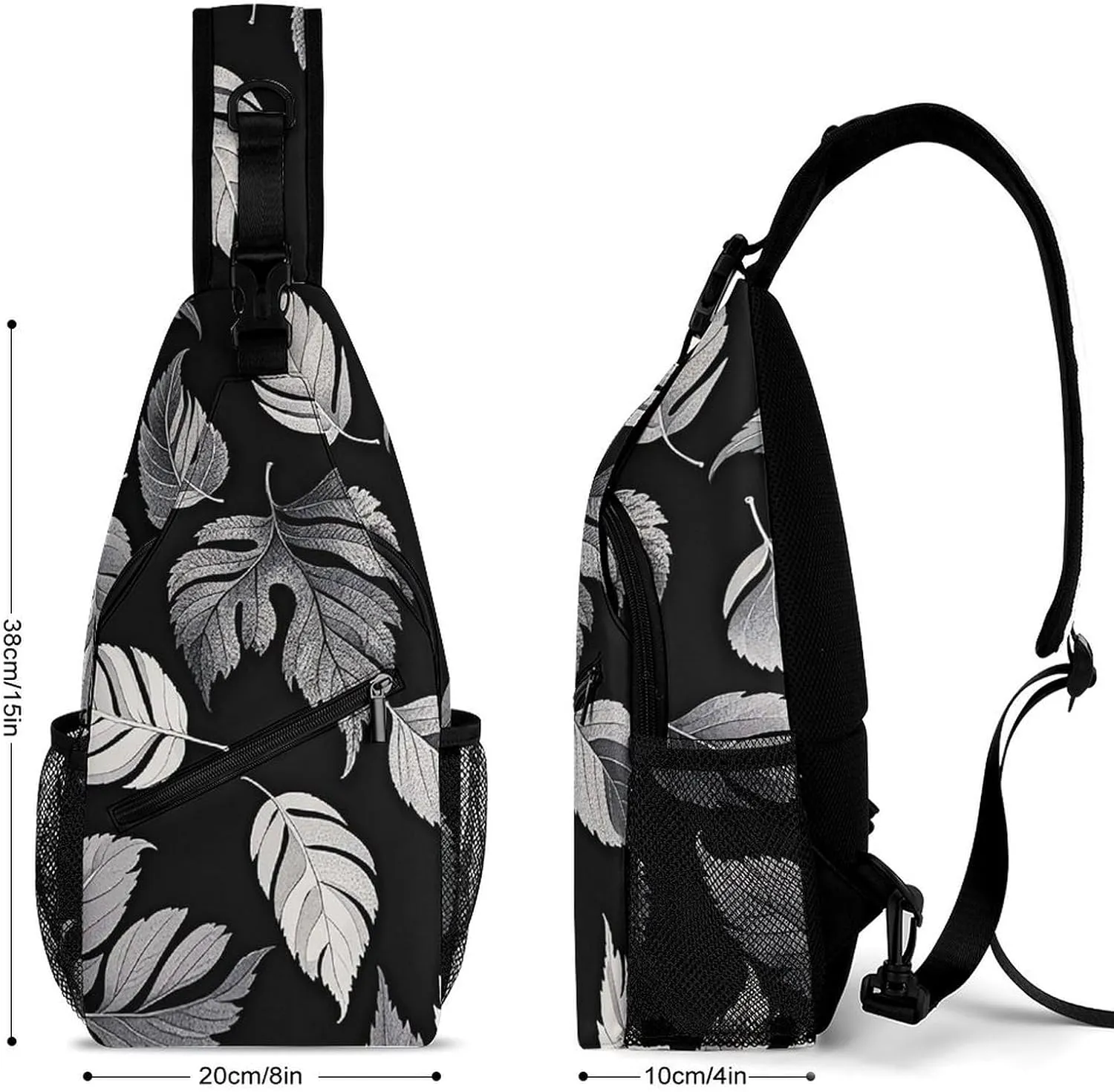 Small Crossbody Sling Backpack Black Gray Leaf Jacquard Chest Bags for Traveling Chest Fashion Shoulder Bag