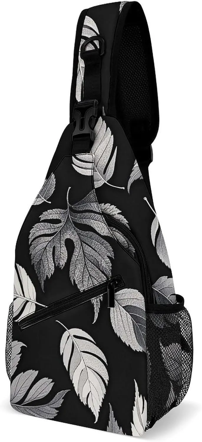 Small Crossbody Sling Backpack Black Gray Leaf Jacquard Chest Bags for Traveling Chest Fashion Shoulder Bag