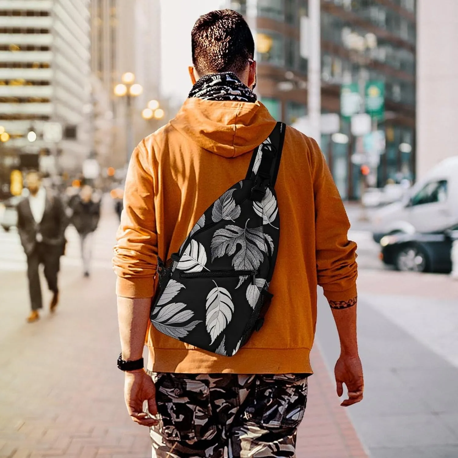 Small Crossbody Sling Backpack Black Gray Leaf Jacquard Chest Bags for Traveling Chest Fashion Shoulder Bag