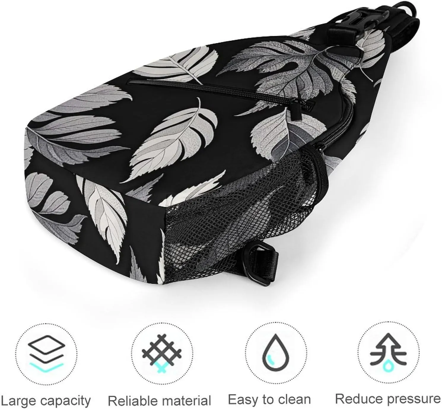 Small Crossbody Sling Backpack Black Gray Leaf Jacquard Chest Bags for Traveling Chest Fashion Shoulder Bag
