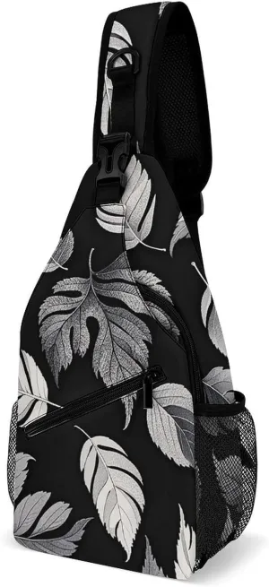 Small Crossbody Sling Backpack Black Gray Leaf Jacquard Chest Bags for Traveling Chest Fashion Shoulder Bag