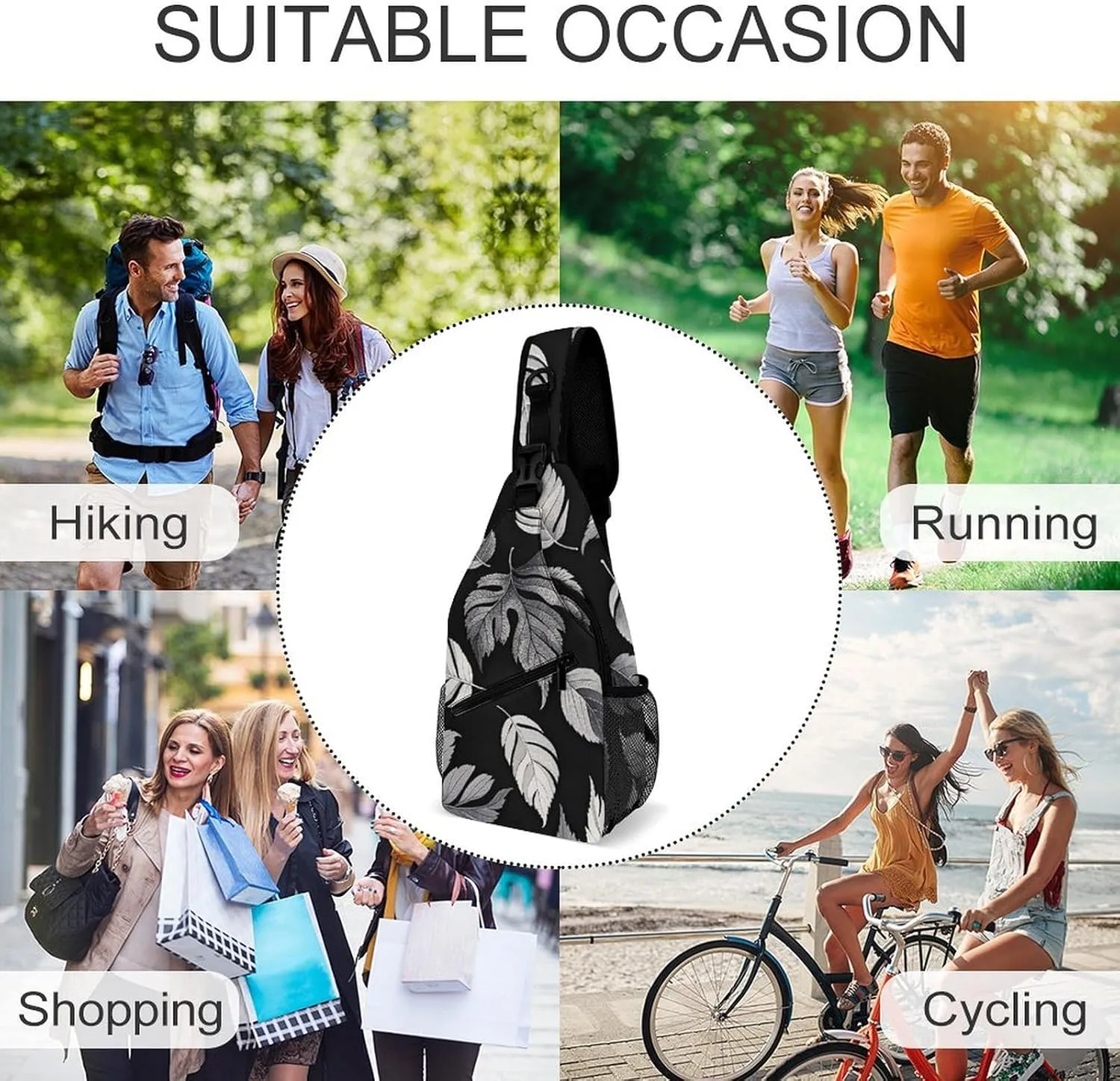 Small Crossbody Sling Backpack Black Gray Leaf Jacquard Chest Bags for Traveling Chest Fashion Shoulder Bag