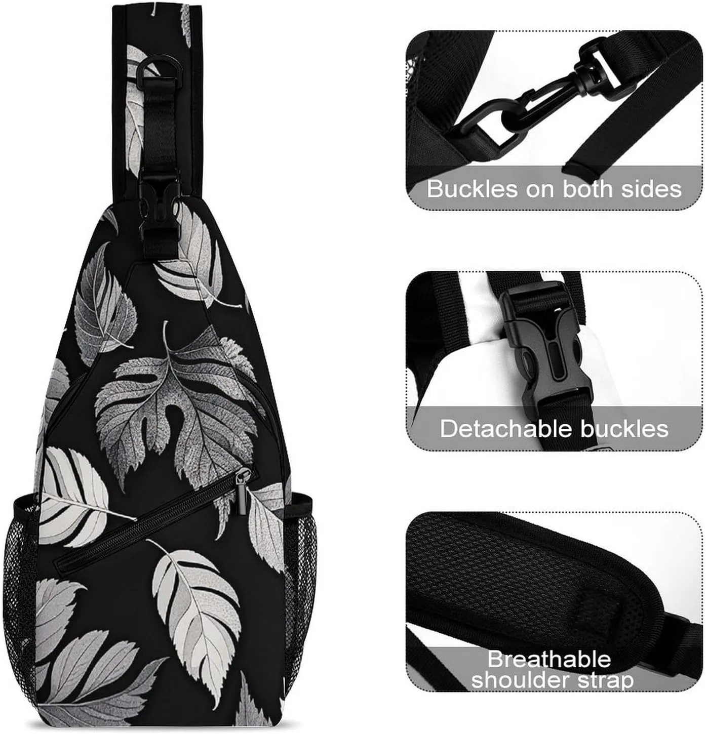 Small Crossbody Sling Backpack Black Gray Leaf Jacquard Chest Bags for Traveling Chest Fashion Shoulder Bag