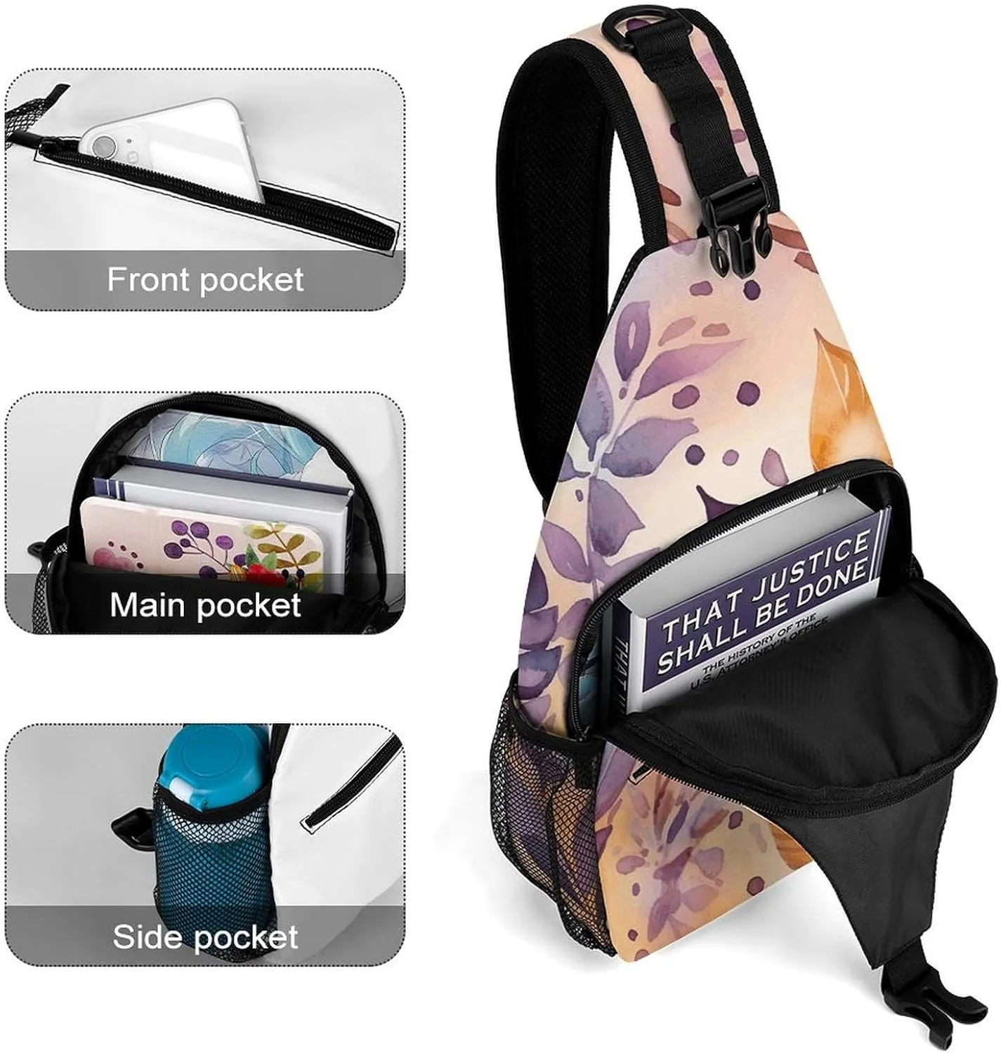 Small Crossbody Sling Backpack Flower And Leaf Pattern Chest Bags for Traveling Chest Fashion Shoulder Bag