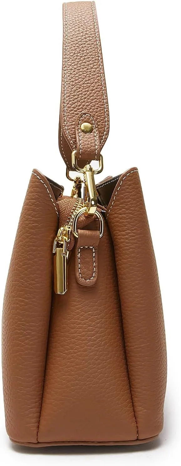 Small Women Genuine Leather Bucket Shoulder Bag Soft Crossbody Purses for Lady Handbag