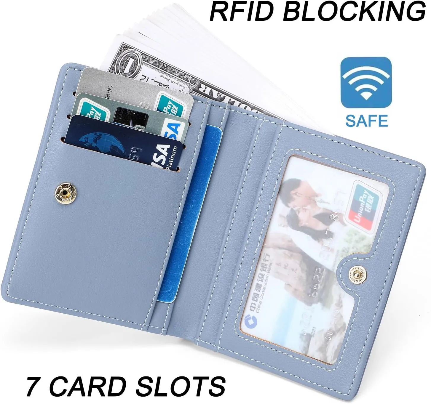 Small Women Wallet RFID Blocking Bifold Pocket Wallet Slim Compact Ladies Purse Mini Wallets For Women (Blue)