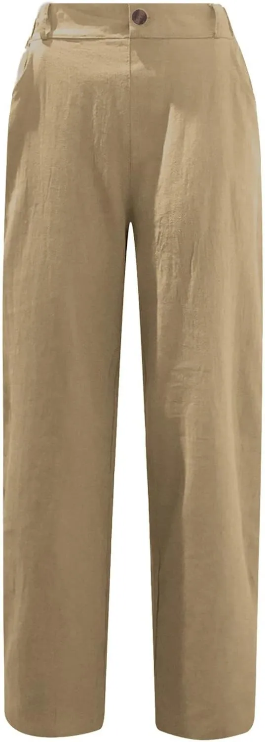 SMIDOW Womens Linen Button Cropped Pants Elastic High Waist Casual Loose Comfy Straight Leg Capris Lounge Trouser Dressy