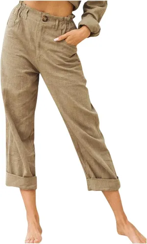 SMIDOW Womens Linen Button Cropped Pants Elastic High Waist Casual Loose Comfy Straight Leg Capris Lounge Trouser Dressy
