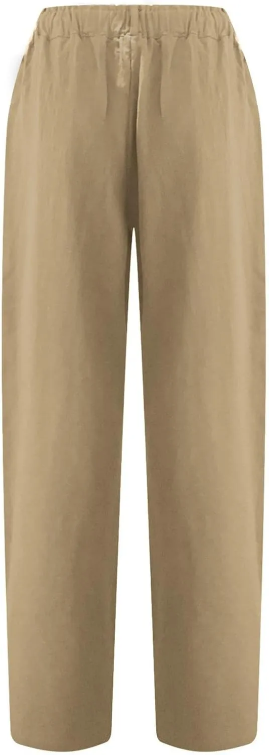 SMIDOW Womens Linen Button Cropped Pants Elastic High Waist Casual Loose Comfy Straight Leg Capris Lounge Trouser Dressy