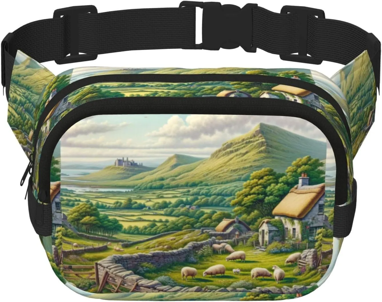 Square Rural-Landscape Double-Layer Sport Fanny Pack Waist Pack Large Crossbody Waist Bag For Running Travel Walking