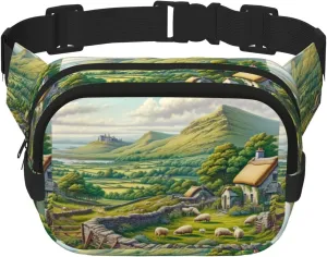 Square Rural-Landscape Double-Layer Sport Fanny Pack Waist Pack Large Crossbody Waist Bag For Running Travel Walking