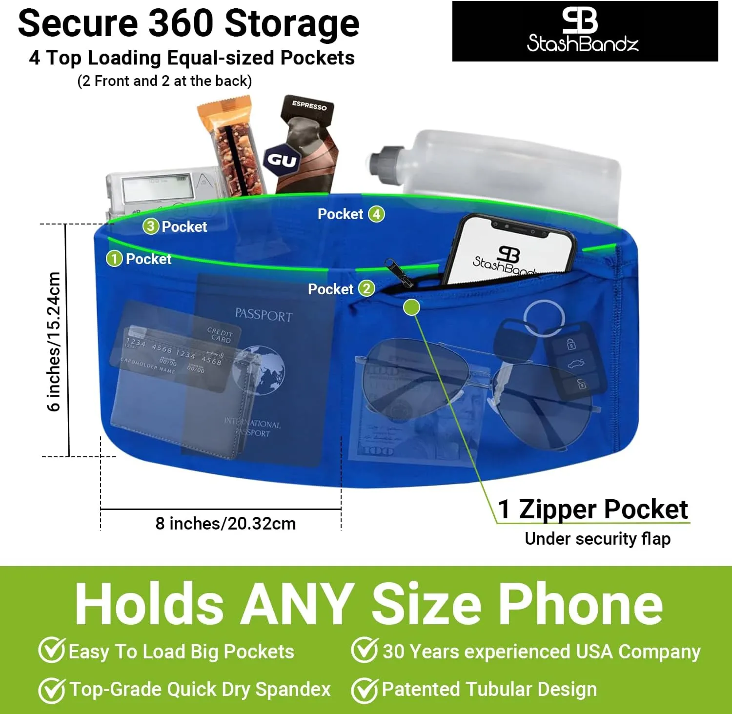 StashBandz Running Belt for Women & Men – Money Belt with 4 Large Secure Pockets (1 Zippered) | Fanny Pack & Phone Holder for Running, Travel, Hiking, and Workouts