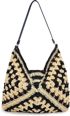 Straw Hobo Bags for Women,Large Woven Tote Bag Summer Crochet Shoulder Bag,Vintage Beach Bag Foldable Handbag for Vacation