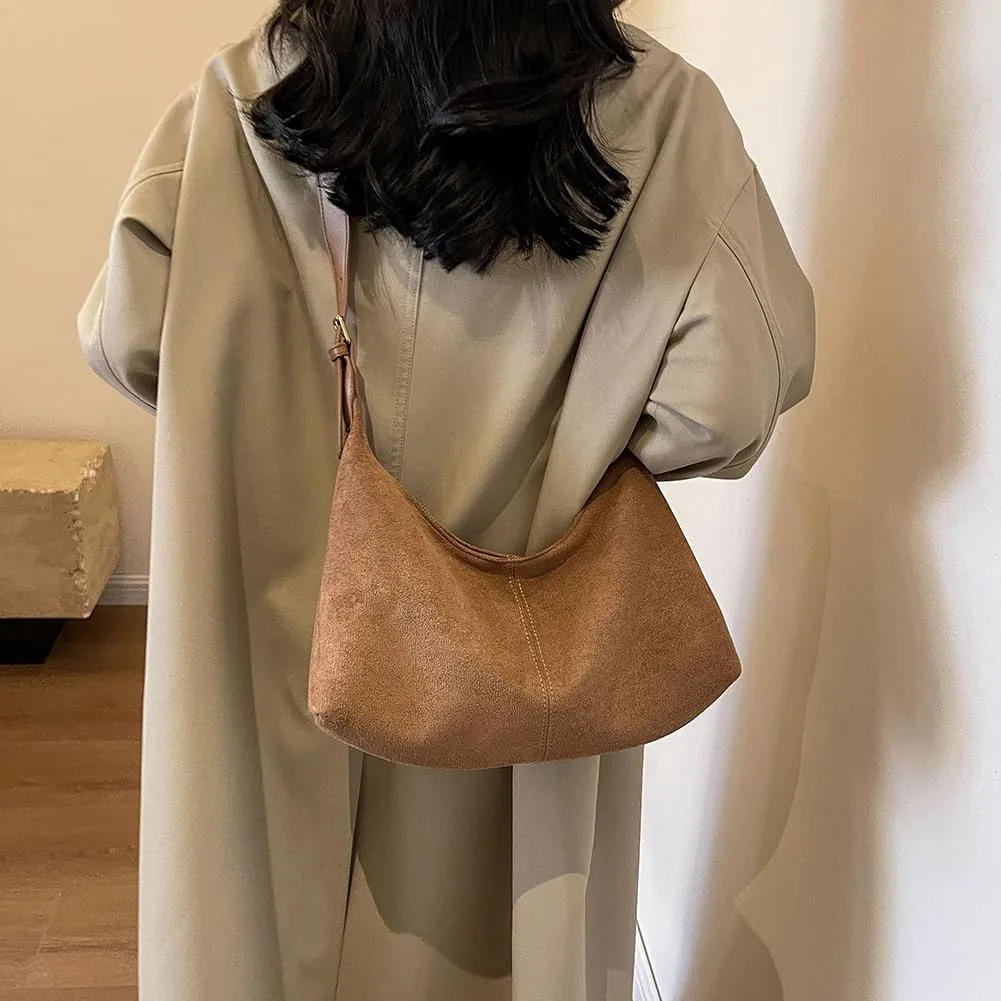 Suede Shoulder Bag Crescent Suede Purse for Women Brown Suede Handbags 2024 Fall Purse Stylish Suede Crossbody Bag