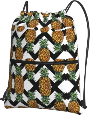 Summer Pineapple Print Drawstring Zipper Backpack â€“ Gym Drawstring Bag for Sports, Yoga, Dance, Travel, and More