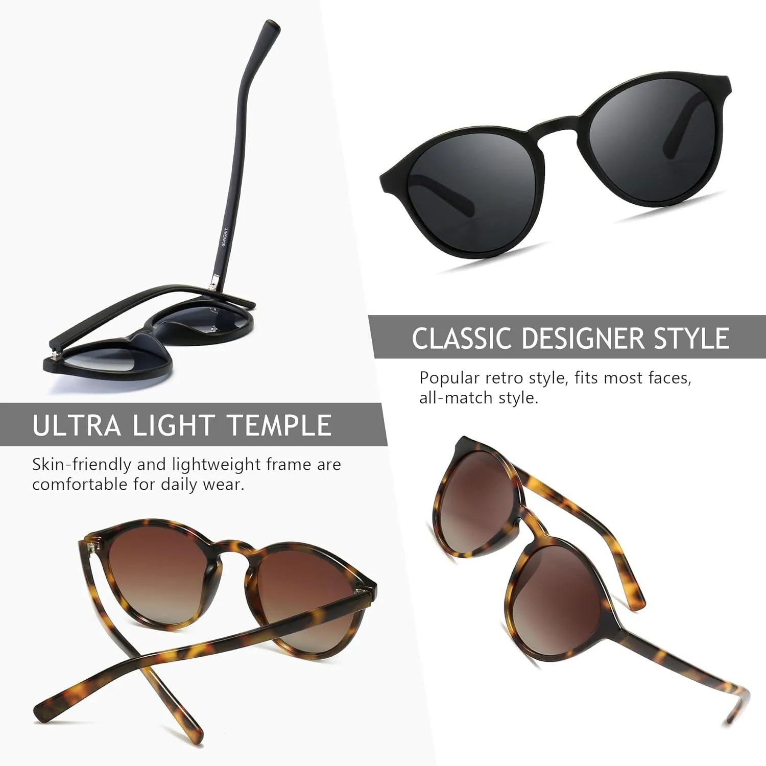 SUNGAIT Classic Vintage Round Polarized Sunglasses for Women Men Retro Style UV400
