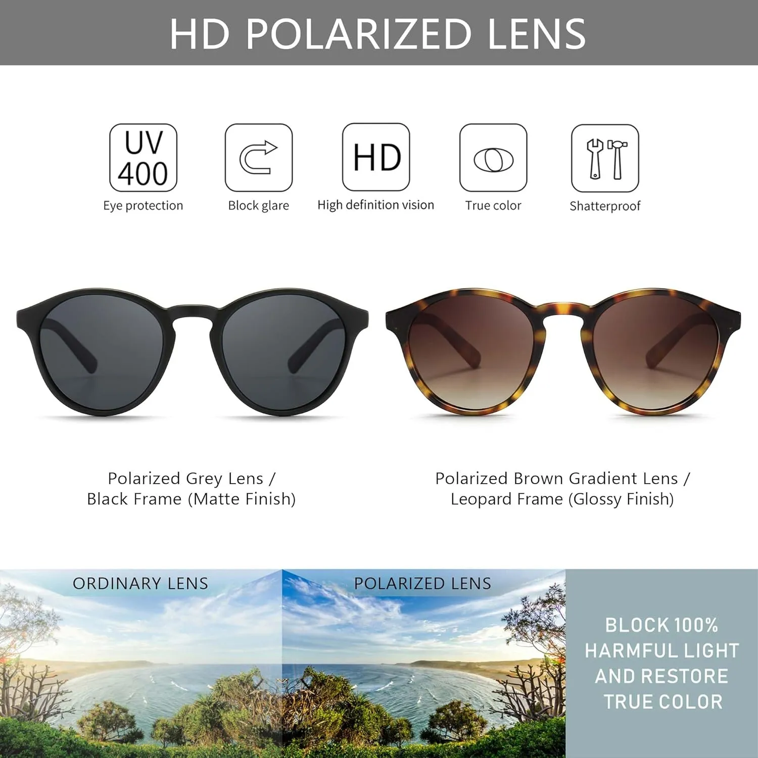 SUNGAIT Classic Vintage Round Polarized Sunglasses for Women Men Retro Style UV400