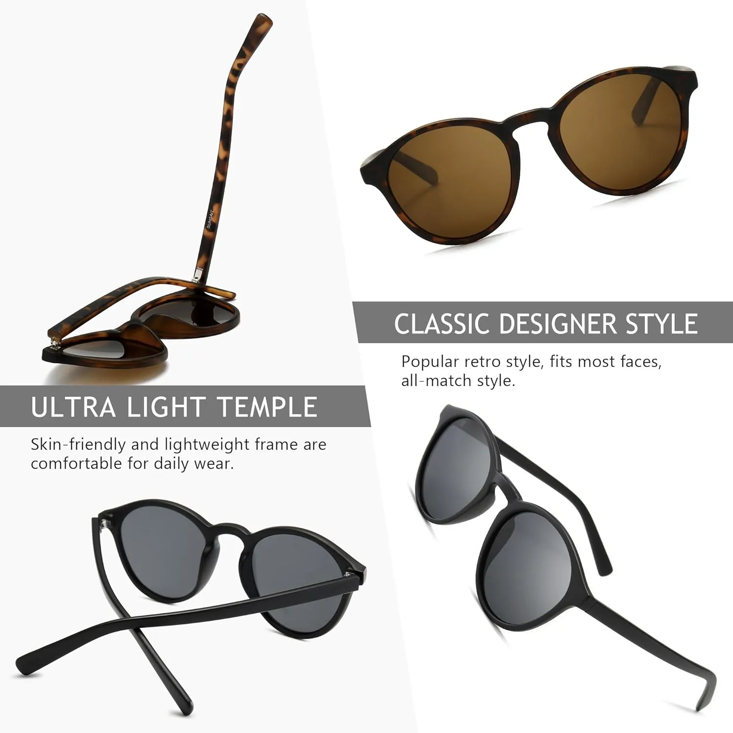 SUNGAIT Classic Vintage Round Polarized Sunglasses for Women Men Retro Style UV400