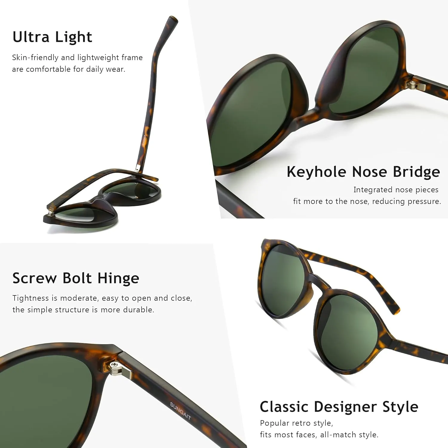 SUNGAIT Classic Vintage Round Polarized Sunglasses for Women Men Retro Style UV400