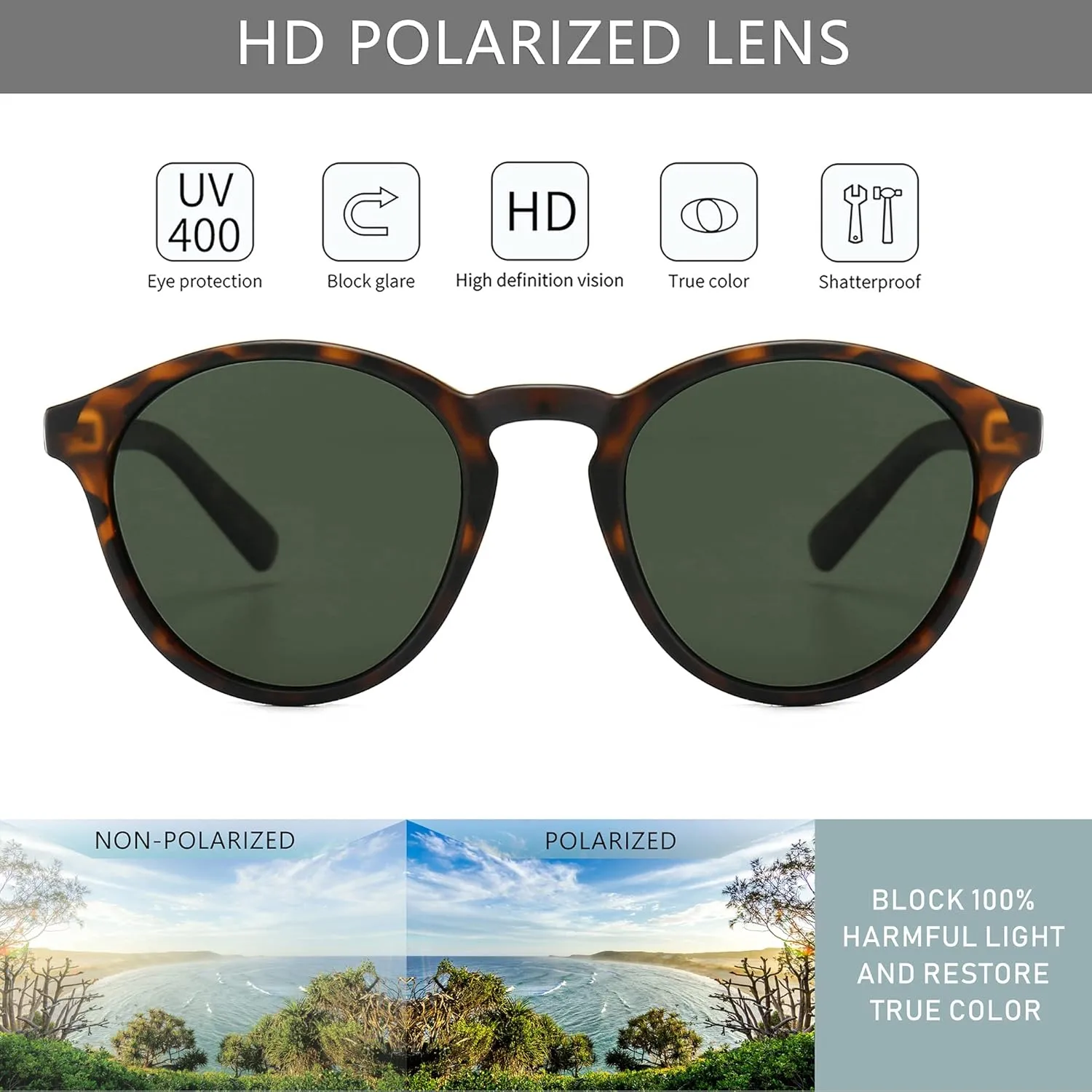 SUNGAIT Classic Vintage Round Polarized Sunglasses for Women Men Retro Style UV400