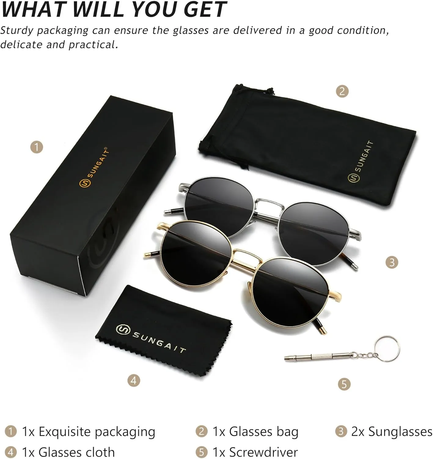 SUNGAIT Ponderable Metal Round Sunglasses for Men Women Classic Vintage Polarized Circle Sun Glasses